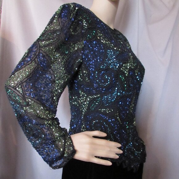 SALE Sparkly Special Event Beaded Top Swirly Blue Green Black - Picture 8 of 11